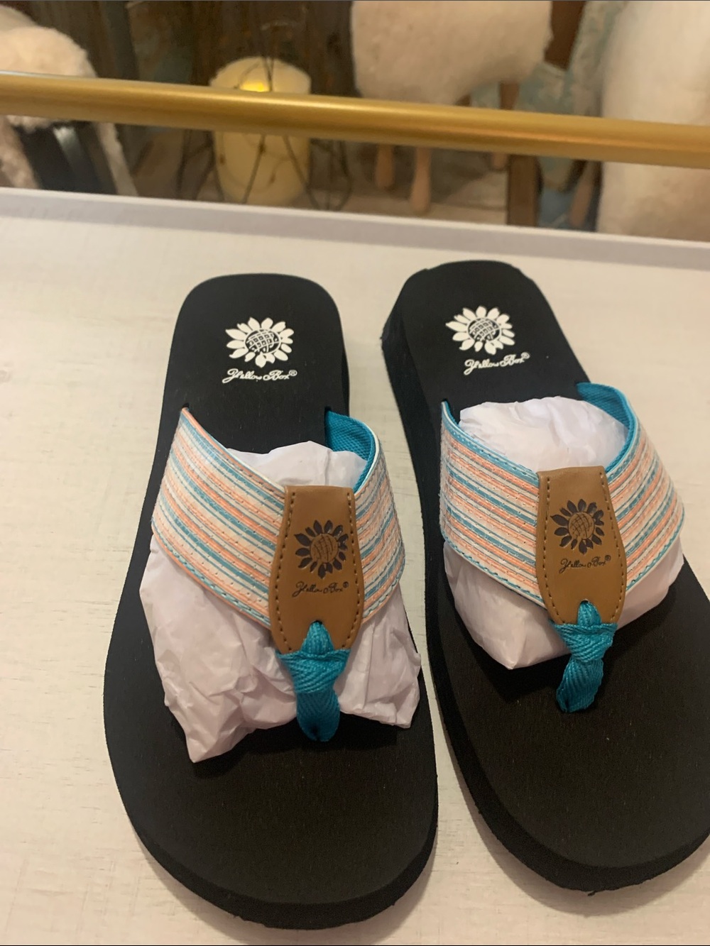 Yellow Box Black Sandal Flip-Flops with Teal and Multicolor Straps